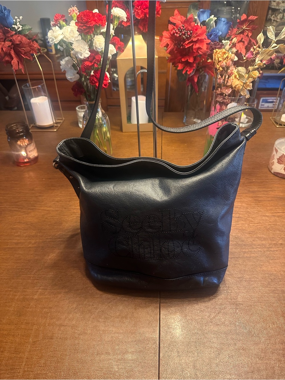 See by Chloé Black Leather Logo Hobo Shoulder Bag